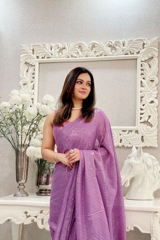 Lavender Georgette Heavy Sequance Embroidery Work Bollywood Party Style Celebrity Style Girlie Fancy Saree
