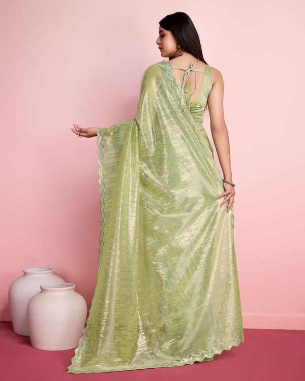 Pista Thread & Sequance Embroidery Work Silver Twill Net Saree