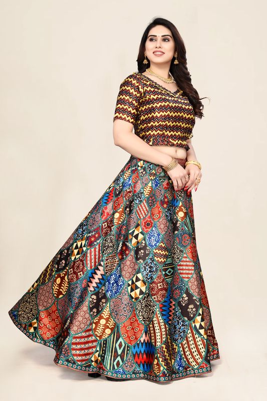 Ethnic Motifs Digital Print Shiney Satin Croptop Lehenga Choli With Blouse For Women and Girls