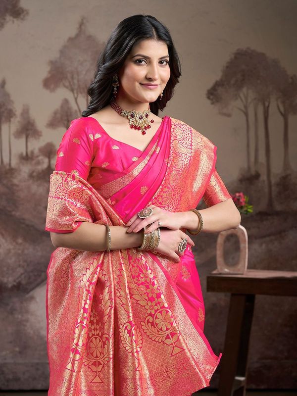 Pink Wevon Rich Pallu Designer Lichi Silk Saree