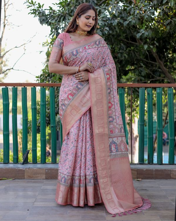 Pink Pashmina Wevon Designer Heavy Looks Saree With Digital Printed
