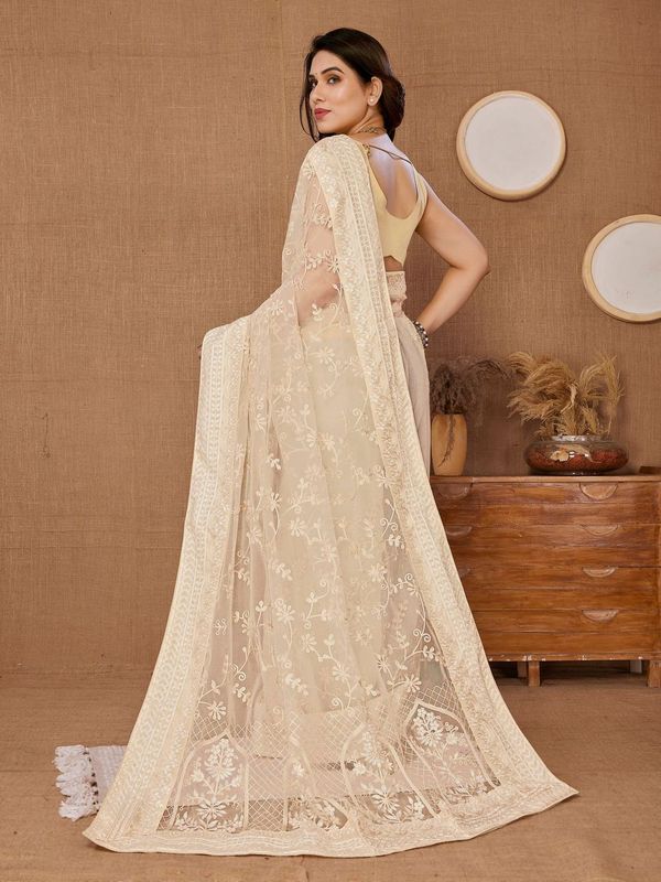 Beige Designer Thread Embroidery Work Soft Net Saree