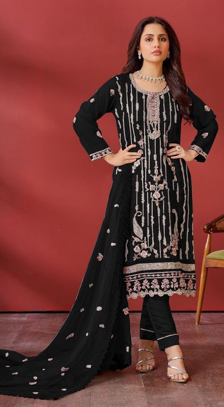 Black Georgette Designer Embroidery Work Trendy Graceful Ceremonial Pakistani Salwar Kameez