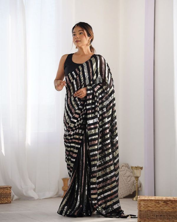 Black Sequance Embroidery Work Border Georgette Saree