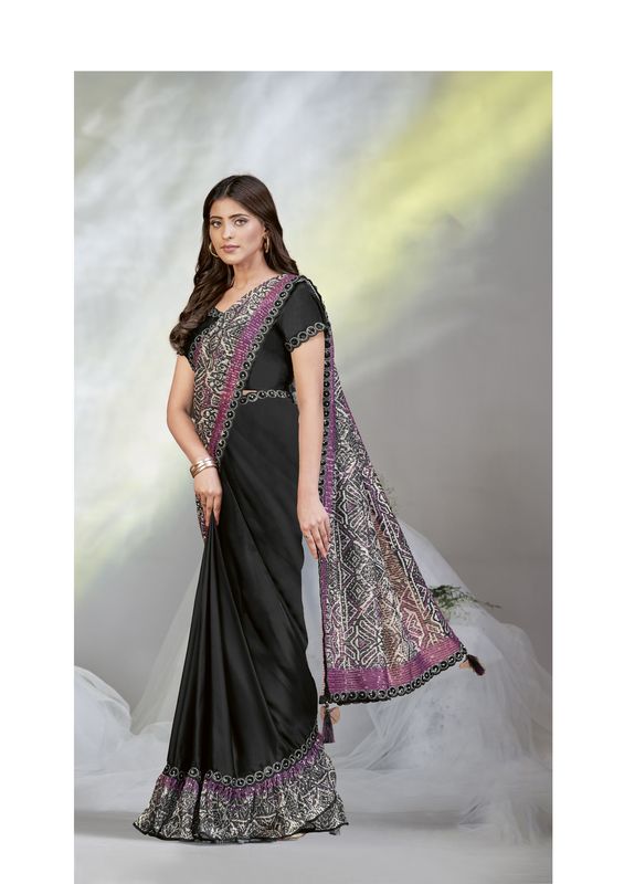 Black Digital Printed & Sequence EmbroideryWork Crepe Satin Silk Saree