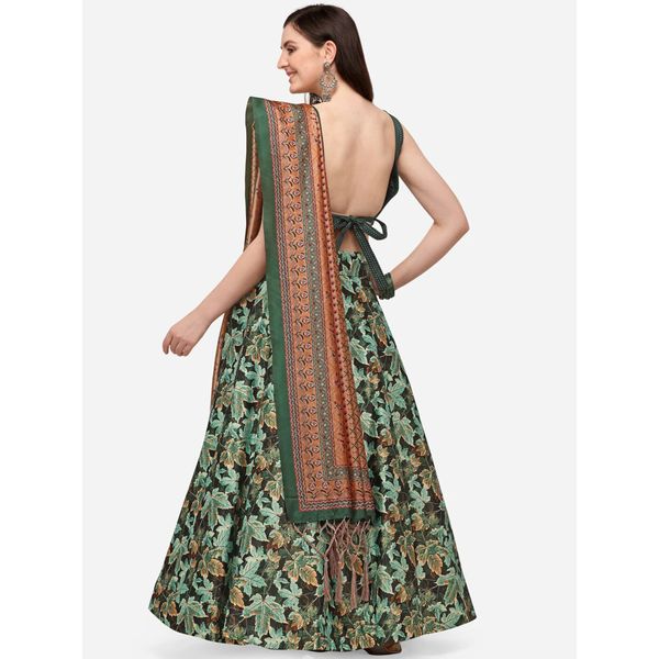Digital Print Satin Silk Fabric Stitched Lehenga Choli With Jequared Blouse and Assami Silk Thread Work Dupatta For Women and Girls In Festive Party And Traditional Wear