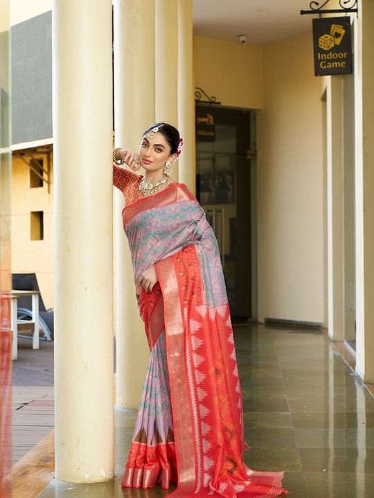 Grey Crepe Digital Print Saree With Tassels on Pallu and Stitched Orange Blouse