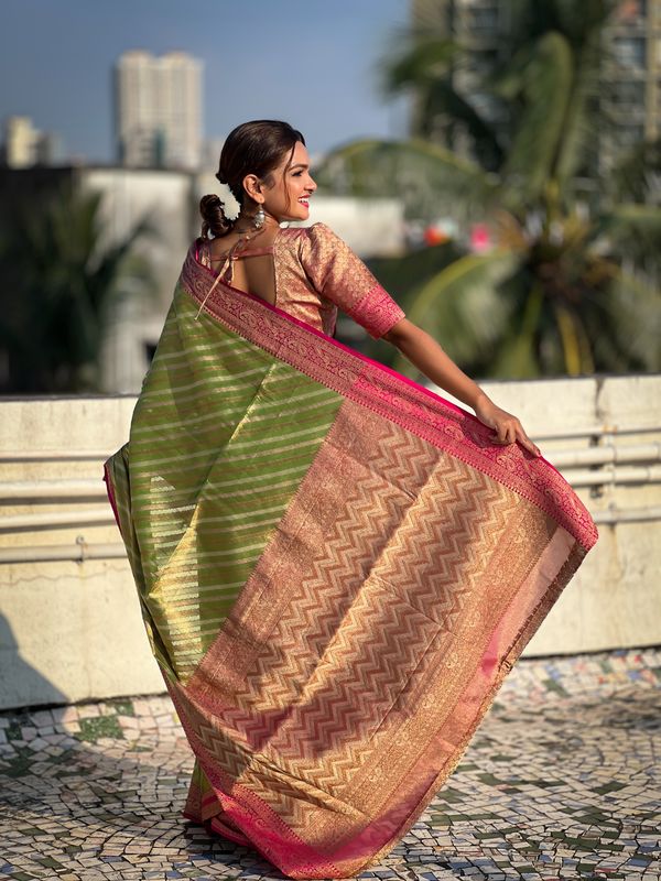 Green Wevon Laheriya Designer Jari Tissue Saree