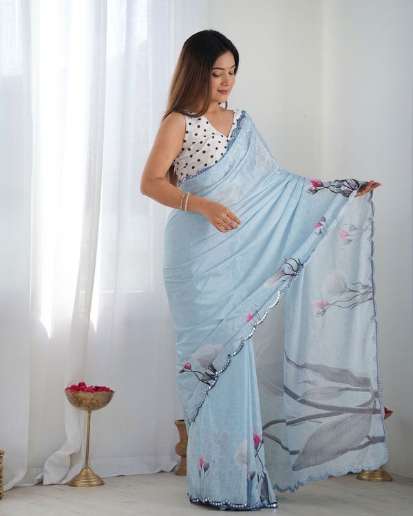Sky Blue Designer Digital Printed & Mirror Cut Work Chinon Saree