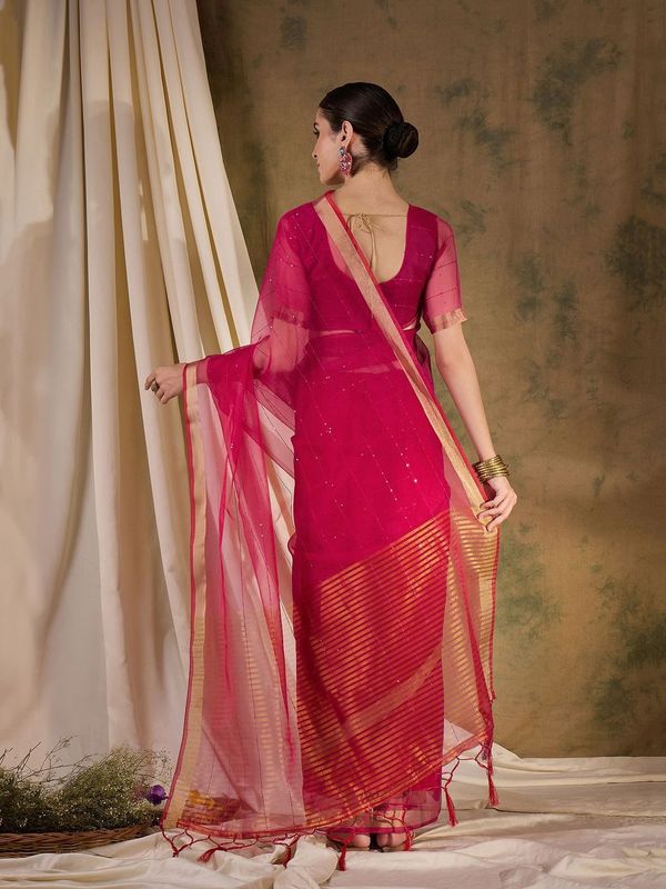 Pink Wevon Jari Pallu Border Designer & Sequance Lining Work Organza Silk Saree