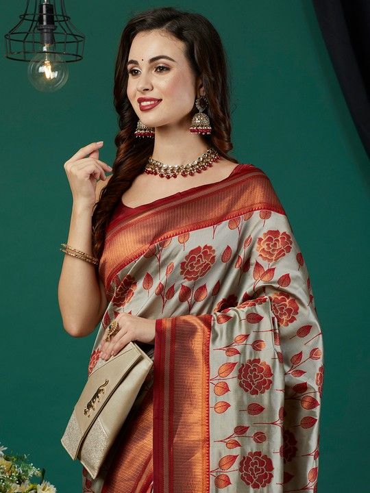 Grey Banarasi Silk Woven Saree With Tassels on Pallu and Stitched Rust Blouse