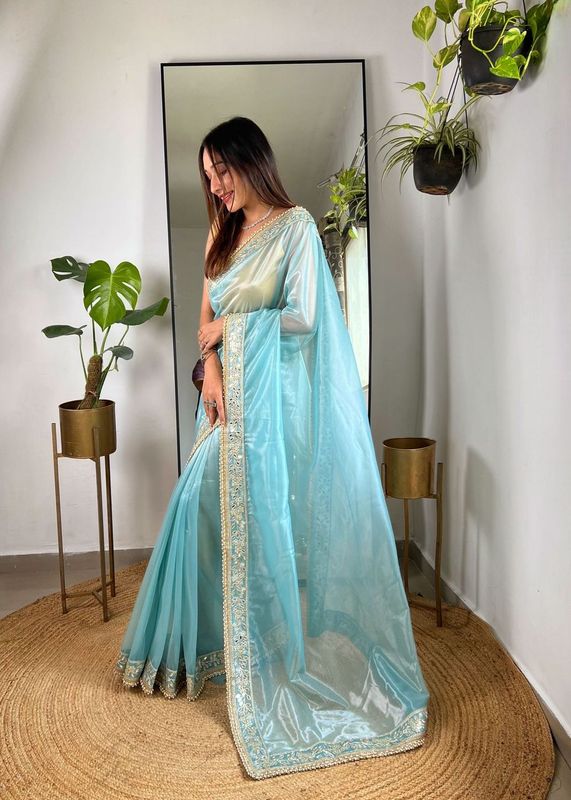 Blue Sequance & Jari Embroidery Work Silver Tissue Silk Saree