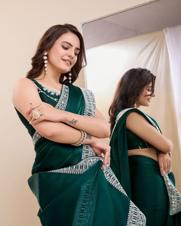 Teal Heavy Embroidery Work Lace & Blouse Jimmy Chau Silk Saree