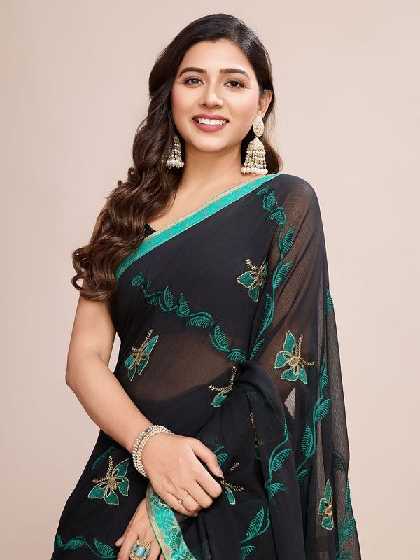 Black Designer Embroidery Work Georgette Saree