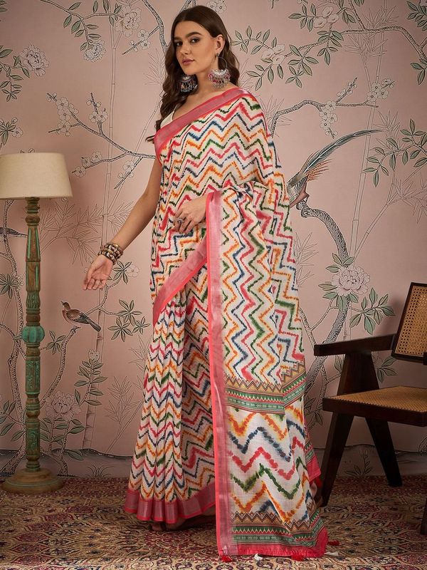 Off White Color Digital Printed Designer Linen Fabric Graceful Saree