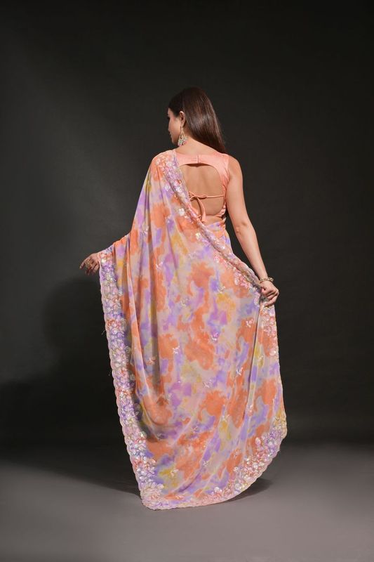 Orange Prizam Printed & C Pallu Embroidery Work Georgette Saree