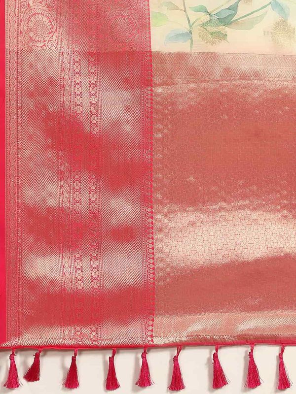 Beige Floral Chanderi Kamlamkari Art Silk Saree