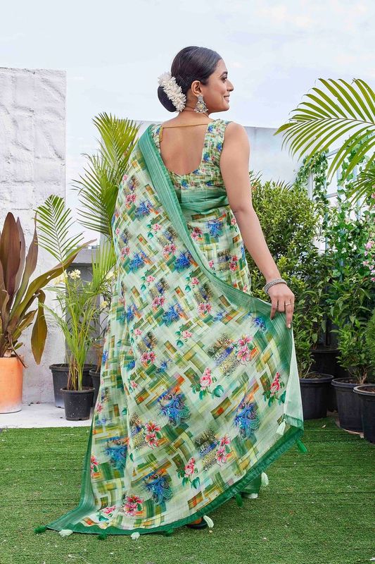 Pista Color Beautiful Fashinove Looks Smart Printed Linen Blend Saree