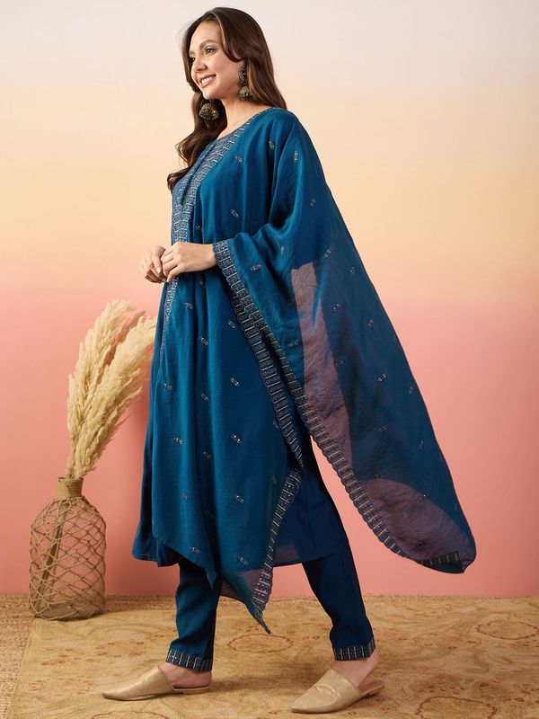 Blue Color Beautiful Woven Silk Readymade Suit with Festive Thread Embroidery Work