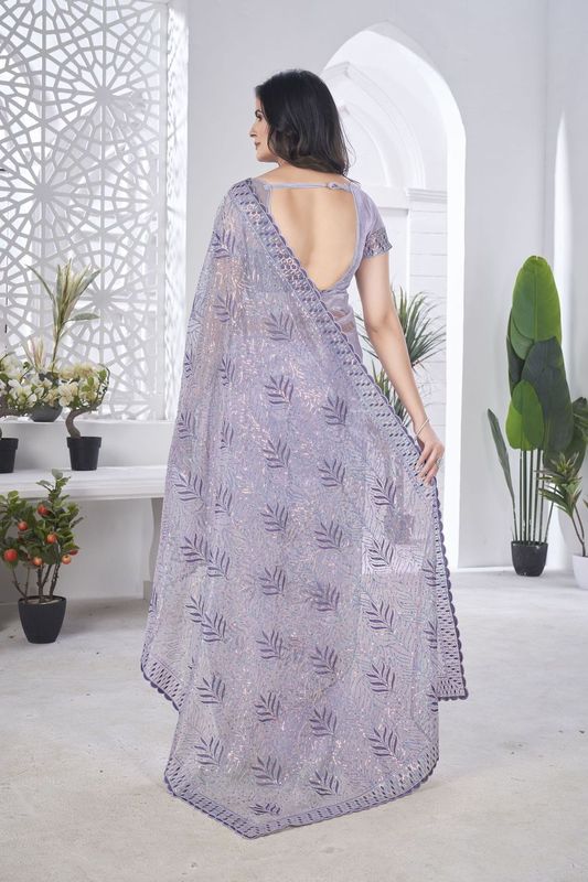 Lavender Multy Thread & Sequance Embroidery Cut Work Tissue Net Saree