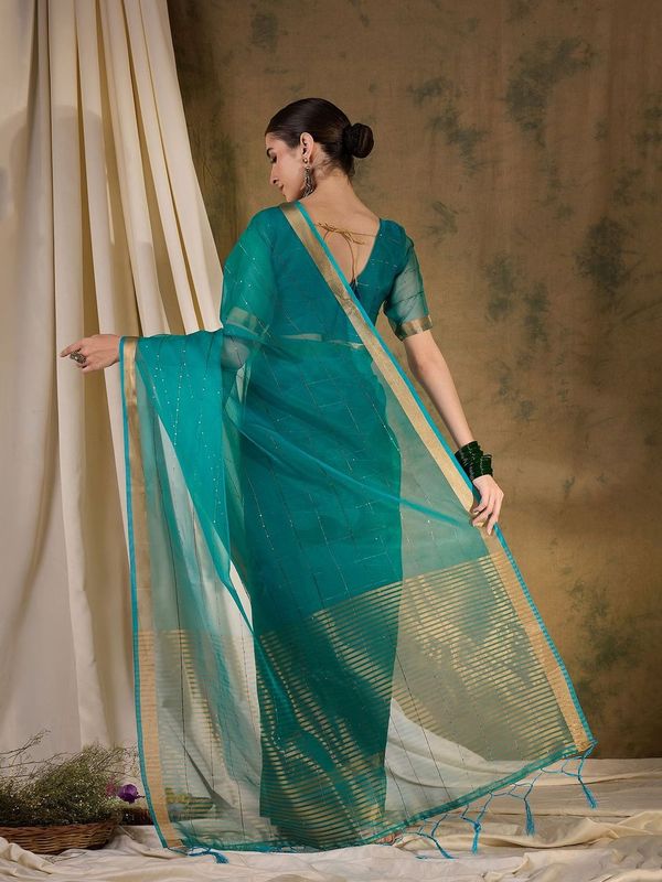 Teal Wevon Jari Pallu Border Designer & Sequance Lining Work Organza Silk Saree