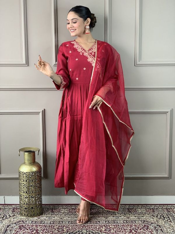Mustard Chanderi Cotton A-Line Kurta, Anarkali Kurta