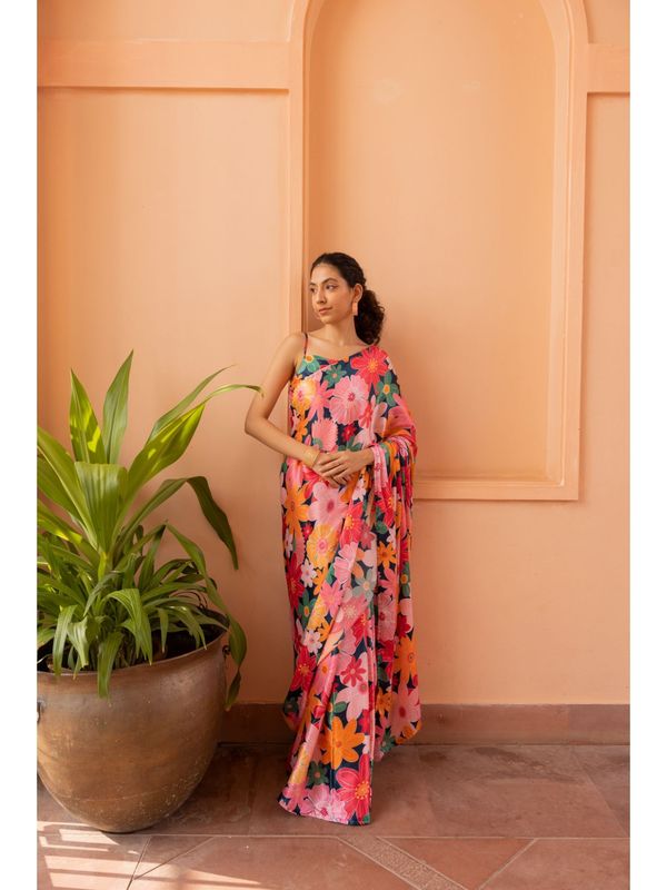 Pink Digital Floral Printed Nylon Japan Satin Saree