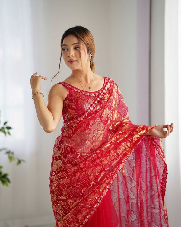 Pink Heavy Sequance Embroidery Work Mono Net Saree