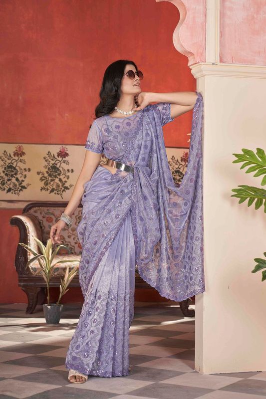 Lavender Sequance & Thread & Pite Embroidery Work Tissue Net Saree