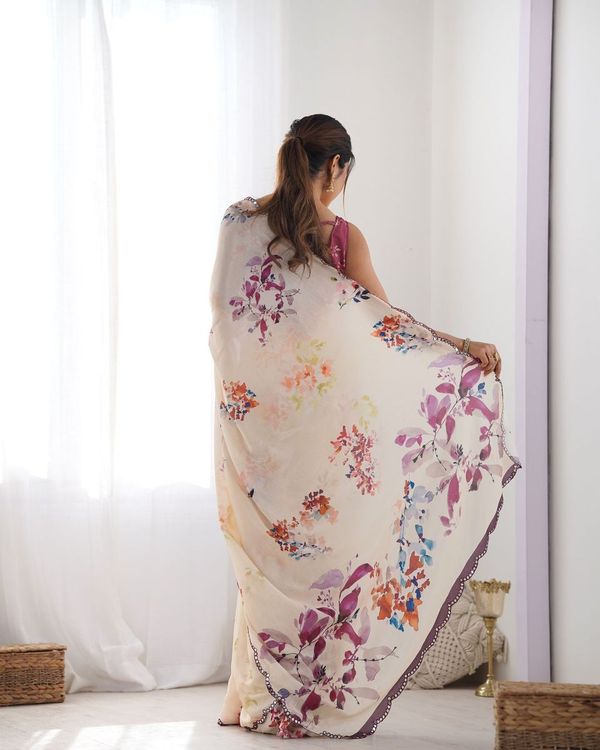 Peach Designer Digital Printed & Mirror Cut Work Chinon Saree