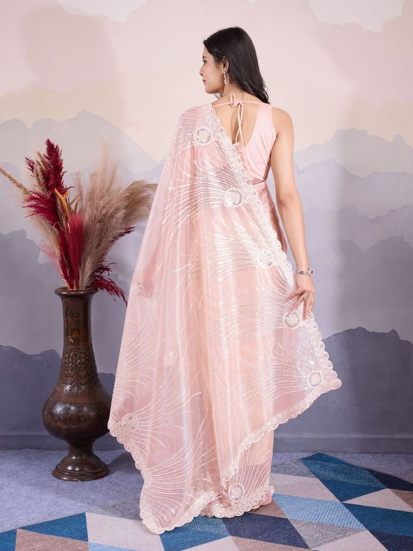 Peach Designer Sequance Embroidery Work Twill Net Saree