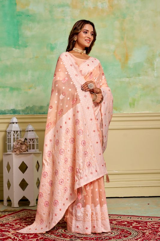 Peach Wevon Designer Cotton Saree