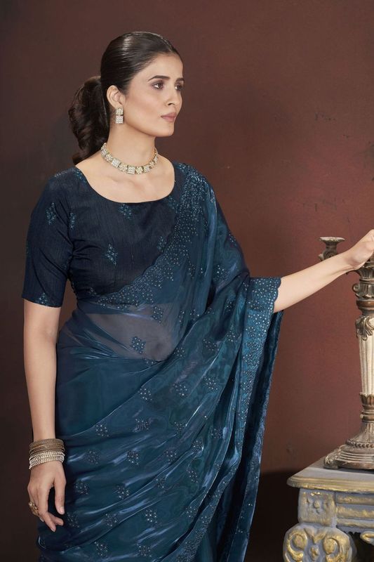 Teal Blue Sequance & Thread Embroidery Work Jimmy Choo Saree