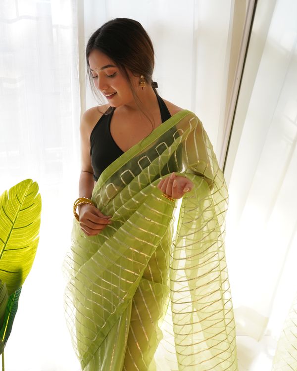 Green Silver Gota Embroidery Work Organza Saree