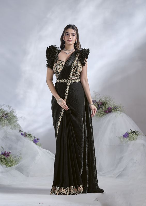 Black Sequance Embroidery & Hand Work Two Tone Satin Silk Saree