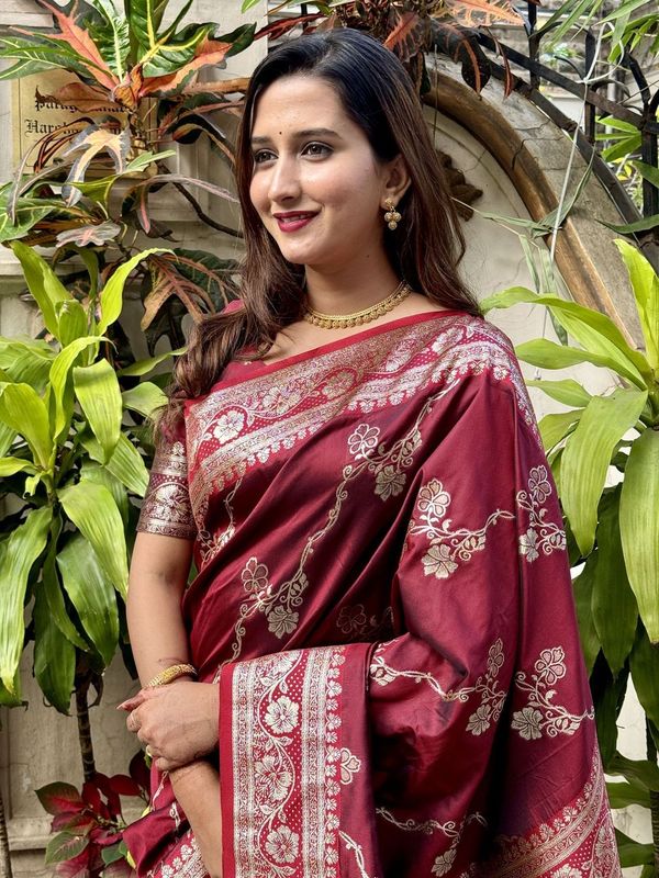 Maroon Wevon Jacquard Jari Designer Banarasi Silk Saree