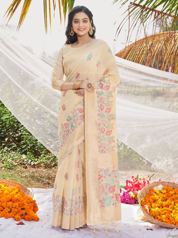 Cream Wevon Designer & Digital Printed Cotton Saree