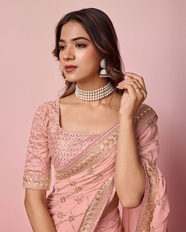 Pink Designer Coding & Sequance Embroidery Work Georgette Saree