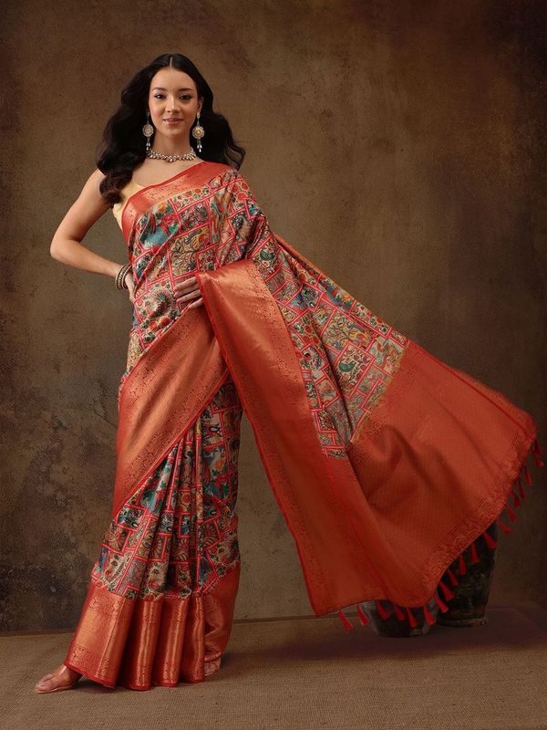 Blue Kanjeevaram Pattu Zari Woven Border Digital Printed Saree