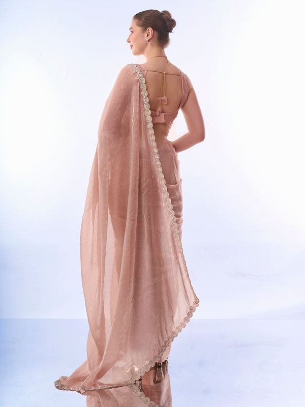 Peach Designer Work Lace Border & Swarovski Work Burburry Saree