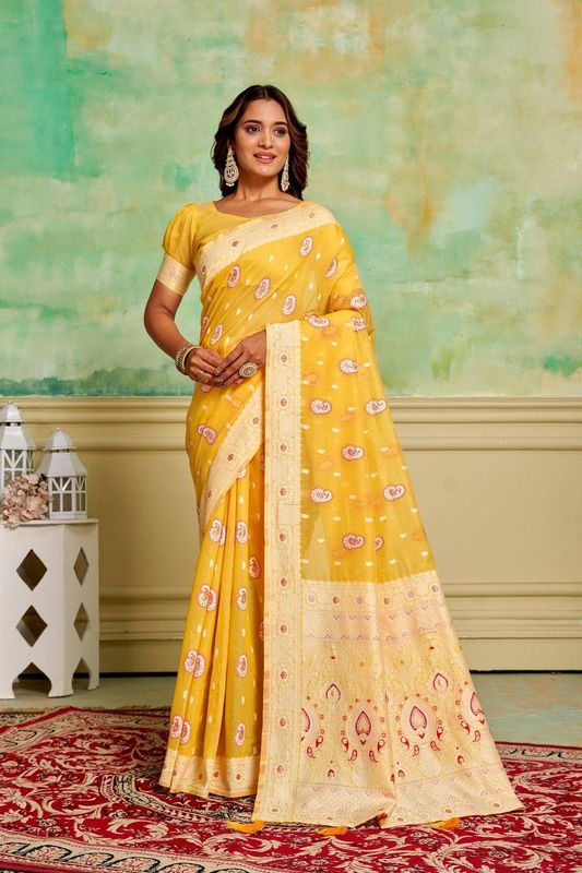 Yellow Cotton Woven Saree With Tassels on Pallu and Stitched Yellow Blouse