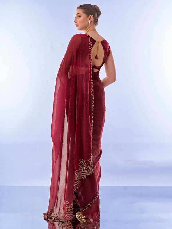 Maroon Designer Work Lace Border & Swarovski Work Burburry Saree