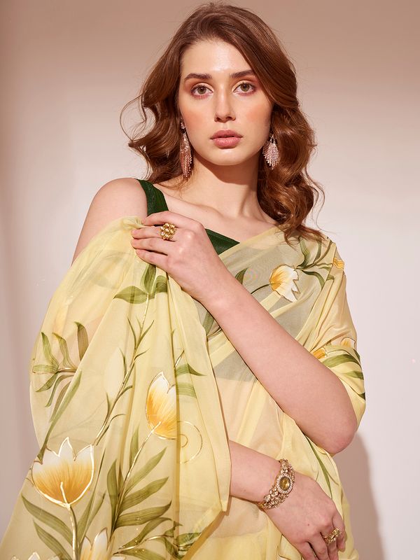 Yellow Designer Brush Printed Blooming Organza Saree