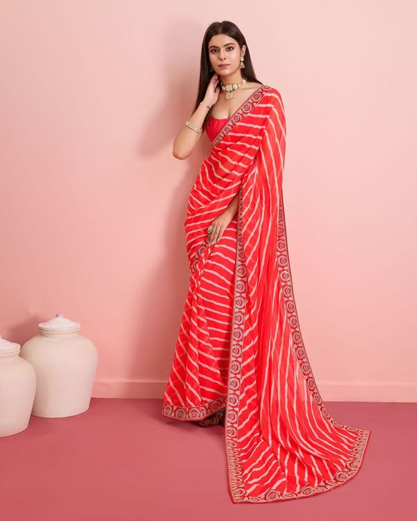Red Laheriya Printed & Embroidery Work Lace Border Georgette Saree