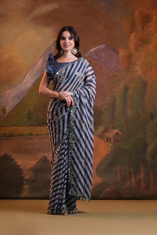 Black Laheriya Printed & Foil & Mirror Work Georgette Saree