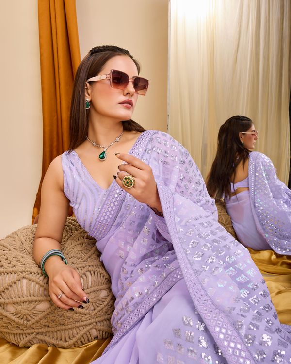 Voilet Designer Sequance Embroidery Work Georgette Saree