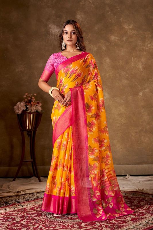 Mustard Cotton Printed Saree and Stitched Pink Blouse