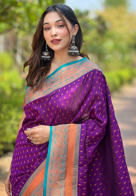 Voilet Wevon Copper Butti Designer Soft Silk Saree