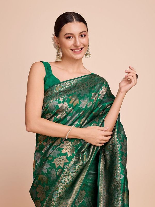 Green Weaving Copper Jari Designer Handloom Silk Saree
