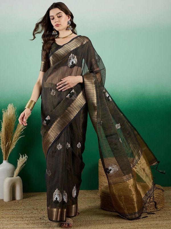 Blue Wevon Designer & Embroidery Work Khadi Organza Saree